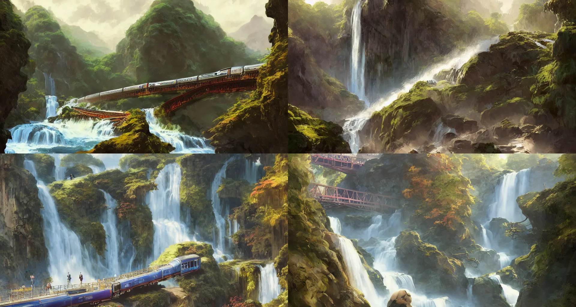 Prompt: A beautiful digital painting of train bridge, waterfall, lovely valley by Stanley Artgerm Lau, frank frazetta, Rossdraws, James Jean, gerald brom, Andrei Riabovitchev, Marc Simonetti, and Sakimichan, trending on artstation