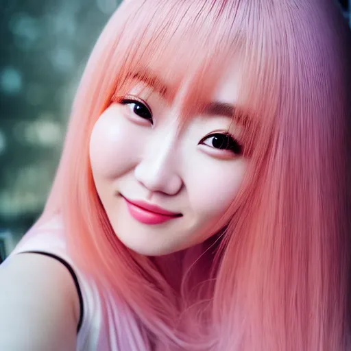 Prompt: beautiful hyperrealism selfie of nikki 苏 暖 暖 from shining nikki, a cute 3 d young woman smiling sofly, long light pink hair and full bangs, flushed face, small heart - shaped face, amber eyes, chinese heritage, golden hour, 8 k, instagram
