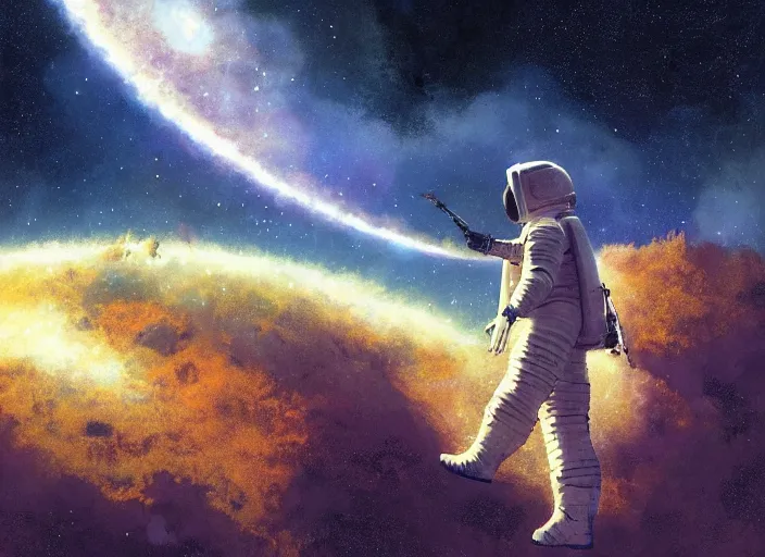 Prompt: craig mullins and ghibli digital illustration of an astronaut floating in the middle of the cosmos playing the oud!!! improvisation, full body!!!, strong contrast, earth, galaxies, ethereal, inviting, bright, unreal engine, hyper realism, realistic shading, cinematic composition, wide shot