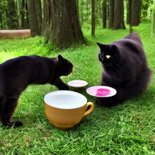 Image similar to golden retriever and a black kitty having a tea party in the forest