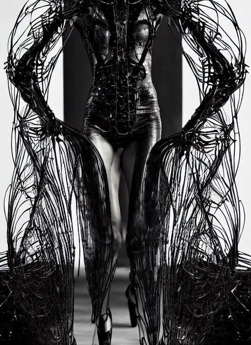 Image similar to walking down the catwalk, steven klein, mert alas and marcus piggott, show, stage, vogue photo, podium, fashion show photo, iris van herpen, beautiful woman, full body shot, alien, masterpiece, inflateble shapes, plant predator, guyver, jellyfish, wires, veins, biomechanical details