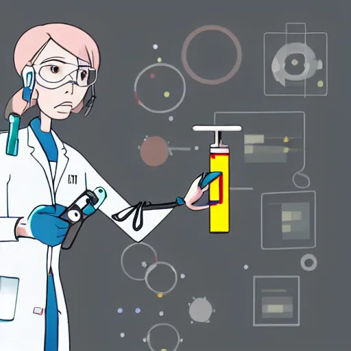 Image similar to a female scientist with a futuristic cyborg arm drawn in american animation style