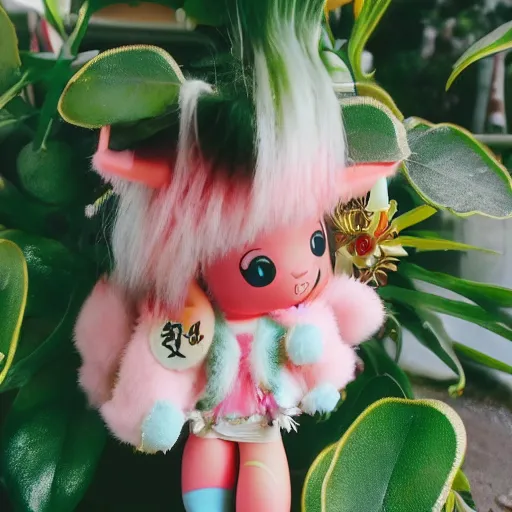 Prompt: 35mm of a very cute adorable and creative Japanese mascot character, very magical and dreamy, kawaii, lush plant and magical details