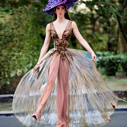 Image similar to exclusive evening dress made of bronze transparent fabric fantasy with colored flower petals made of fabric. intricate asymmetrical patterns. an elegant hat. hyperrealistic photos, clear details.