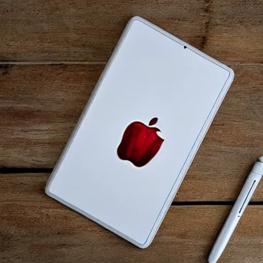 Prompt: a tablet in the shape of an apple with white accents designed by apple