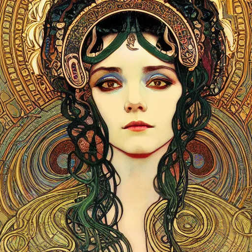 Image similar to cleopatra with coiled serpents beautiful detailed romantic art nouveau face portrait by alphonse mucha, kay nielsen, yoshitaka amano, and gustav klimt, hauntingly beautiful refined moody dreamscape