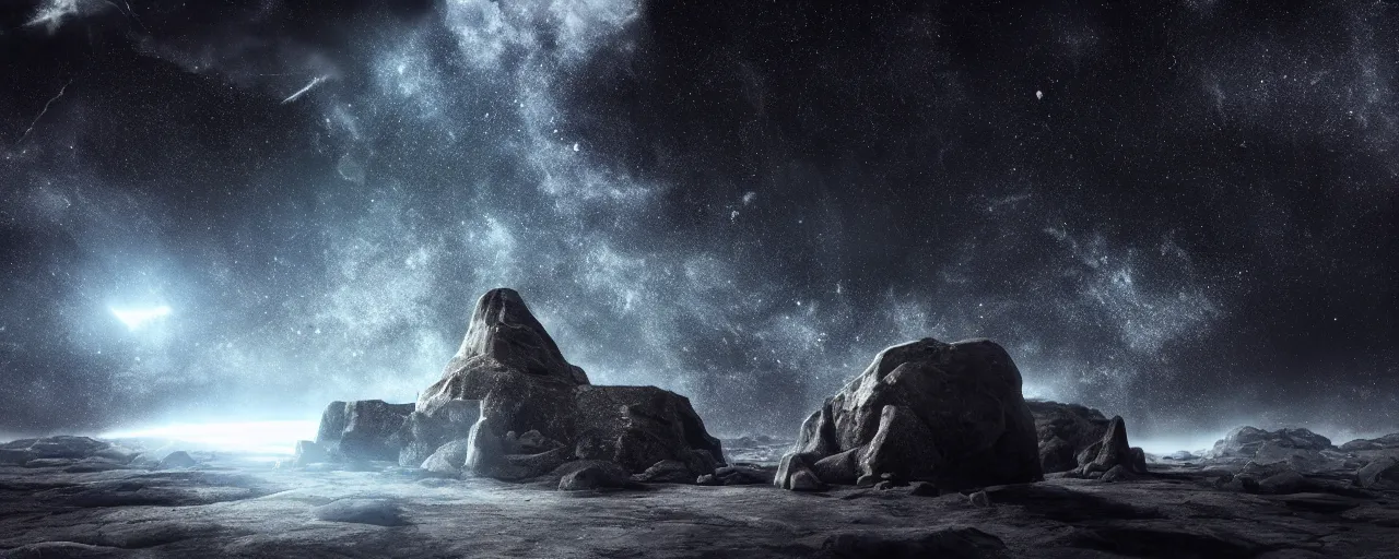 Image similar to ” giant rock in a deep black space with stars, [ cinematic, detailed, epic, widescreen, opening, establishing, mattepainting, photorealistic, realistic textures, octane render ] ”