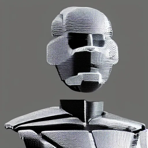 Image similar to an artificial robot made in the shape of a man, human steel face, halftone effect