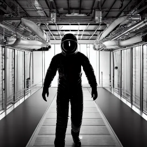 Image similar to mysterious man in silver space suit, walking on a small industrial catwalk, floating in deep space with a black background, photograph, wide angle, long shot