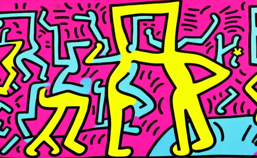 Prompt: highly detailed landscape painting by keith haring, 4k