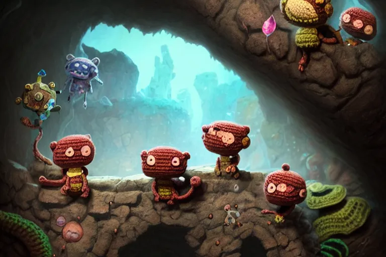 Image similar to a tattoo of an expedition of crochet cute monsters discovering a new cave underground. cute, illustration, digital art, inspired by little big planet, by greg rutkowski, detailed, sharp, masterpiece, highly detailed, photorealistic, octane render, 8 k, unreal engine 5, trending on artstation, vivid colors