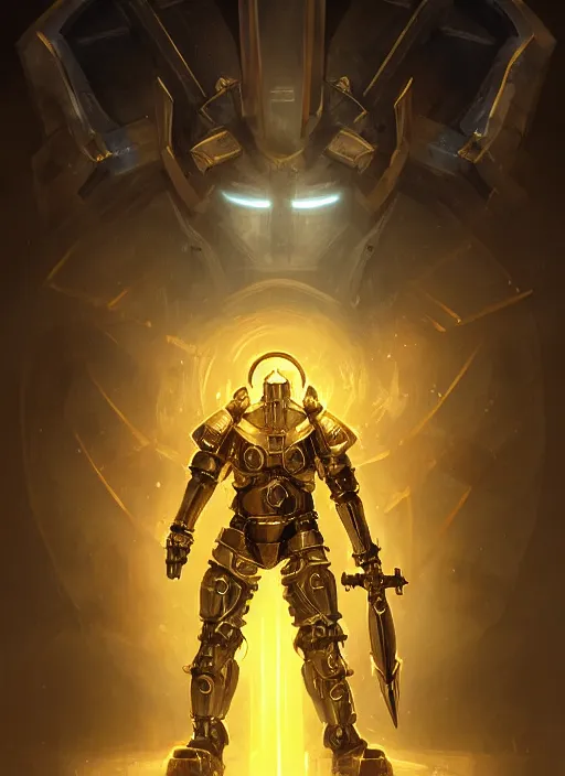 Image similar to dynamic attack position abstract portrait of a intricate glorious holy mechanical warforged character in yellow armor holding a paladin engraved great longsword drawn and carrying a big paladin shield, beam glowing eye , face in focus, epic , trending on ArtStation, masterpiece, cinematic lighting, by Ross Tran and by Greg Rutkowski