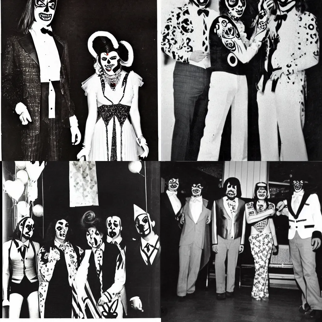Prompt: Juggaloes in 1970s prom attire. Vintage photo.