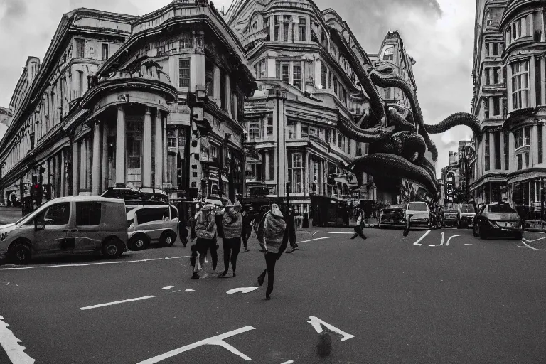 Prompt: london street invade by a lovecraftian monster in the sky, photo wide shot 3 5 mm