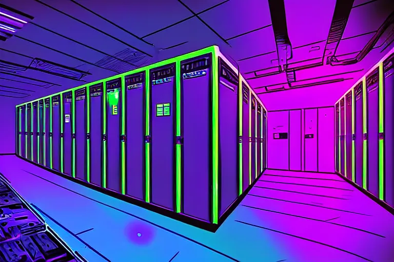 Image similar to realistic robot in a data server room, neon and dark, purple and blue color scheme, by dan mumford and alberto giacometti