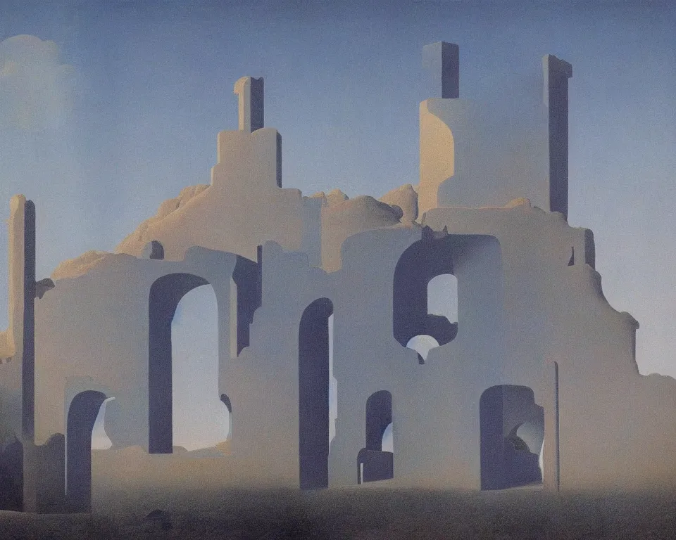 Prompt: an enchanting cosmic château hidden in the desert time forgot by Rene Magritte and Giovanni Paolo Panini.