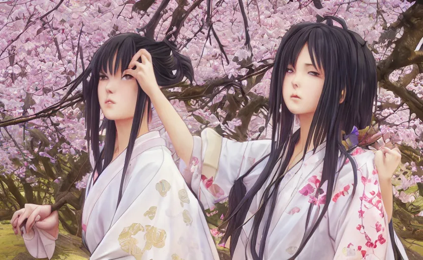 Image similar to side portrait of a girl walking, sakura tree in background, yukata clothing, battlefield in background, anime style, hair down, symmetrical facial features, from arknights, hyper realistic, 4 k, extreme detail, detailed drawing, trending artstation, realistic lighting, by alphonse mucha, greg rutkowski, sharp focus, backlit