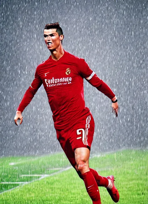 Image similar to epic face portrait cristiano ronaldo after scoring a goal, hard rain, michael whelan