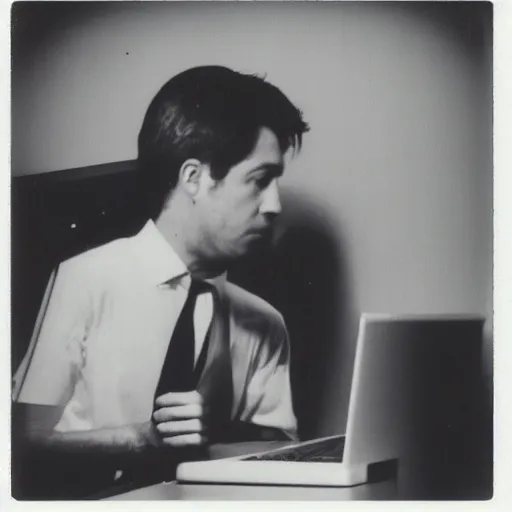 Image similar to a polaroid photo of a a computer checking its man checking his emails from the point of view of a computer screen