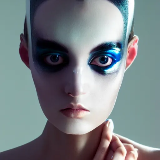 Image similar to high fashion photography of a model in neo futurism white sci - fi makup, transparent cloth, beautifully lit