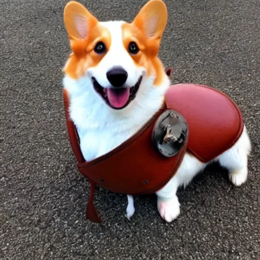 Image similar to corgi wearing a saddle