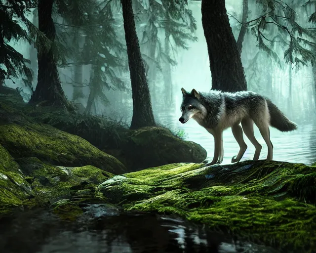 Image similar to a wolf standing on a riverbank in a forest, natural lighting, very coherent, ultra realistic, concept art, intricate details, highly detailed, photorealistic, octane render, 8 k, unreal engine