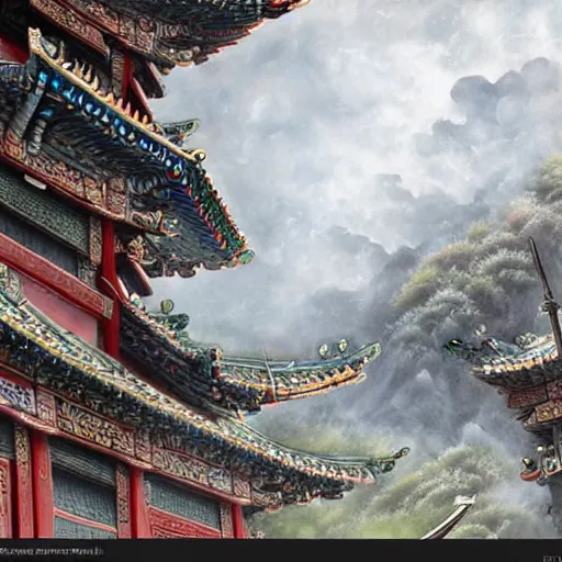 Image similar to dynamic composition, motion, ultra-detailed, incredibly detailed, a lot of details, amazing fine details and brush strokes, colorful and grayish palette, smooth, HD semirealistic anime CG concept art digital painting, watercolor oil painting of epic castle gate, from Three Kingdoms, by a Chinese artist at ArtStation, by Huang Guangjian, Fenghua Zhong, Ruan Jia, Xin Jin and Wei Chang. Realistic artwork of a Chinese videogame, gradients, gentle an harmonic grayish colors.