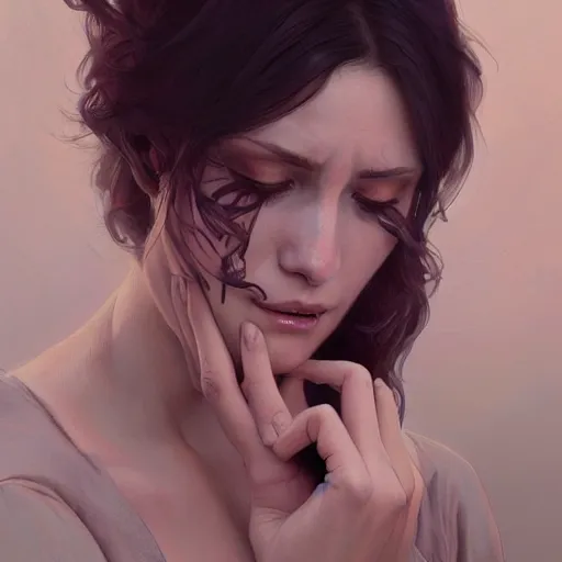 Image similar to a beautiful crying woman, highly detailed, digital painting, artstation, concept art, smooth, sharp, focus, illustration, art by artgerm and greg rutkowski and alphonse mucha