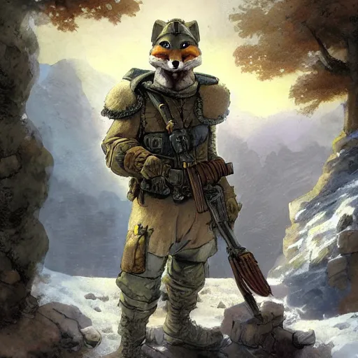 Prompt: a fox tactical soldier mascot character posing for a picture, digital painting, masterpiece by rembrandt and thomas kinkade and frank frazetta and kentaro miura, by reiq and tite kubo, stylized yet realistic faces and anatomy, advanced lighting technology, beautiful, gorgeous brush strokes