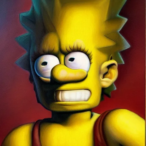 Prompt: detailed portrait of bart simpson intricate, hyper detailed, realistic, oil painting, by julie bell, frank frazetta, cinematic lighting