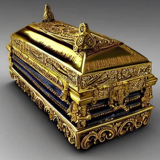Image similar to Ornate Embellished Casket with Ancient Mummy King rising out Treasure Jewels Coins Fantasy Art
