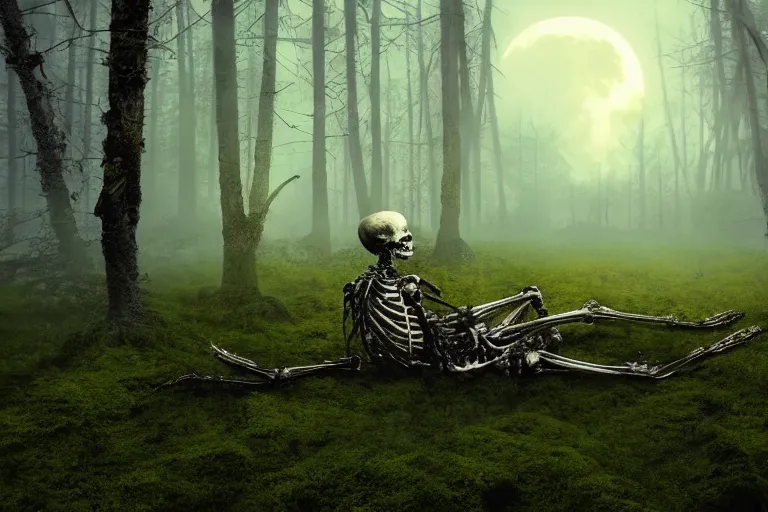 Image similar to a burning human skeleton sitting in foggy forest behind computer at moonlight night, overgrown with moss, dark atmosphere, dark fantasy, highly detailed