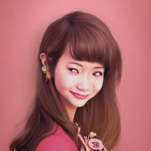 Image similar to portrait of asian girl, round face, brown hair, ponytails, half updo hairstyle, skinny, smile, attractive, small chin, wearing pink hair bow, polkadot blouse and skirt, earrings, intricate, elegant, glowing lights, highly detailed, digital painting, artstation, sharp focus, illustration, art by wlop, mars ravelo and greg rutkowski