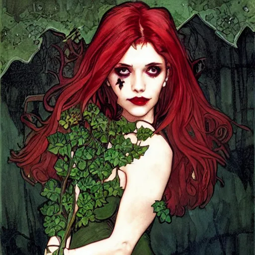 Prompt: a beautiful painting buffy the vampire slayer as poison ivy, dark eyeliner, intricate, elegant, highly detailed, digital painting, artstation, concept art, matte, sharp focus, illustration, art by rebecca guay and by arthur rackham and by alphonse mucha and by john william waterhouse