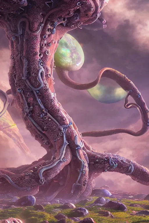 Image similar to giant ancient alien tentacles artwork by akira toriyama, pastel colors, detailed background, extremely detailed, octane rendering, sharp focus, volumetric light, particles, unreal engine 5, rtx