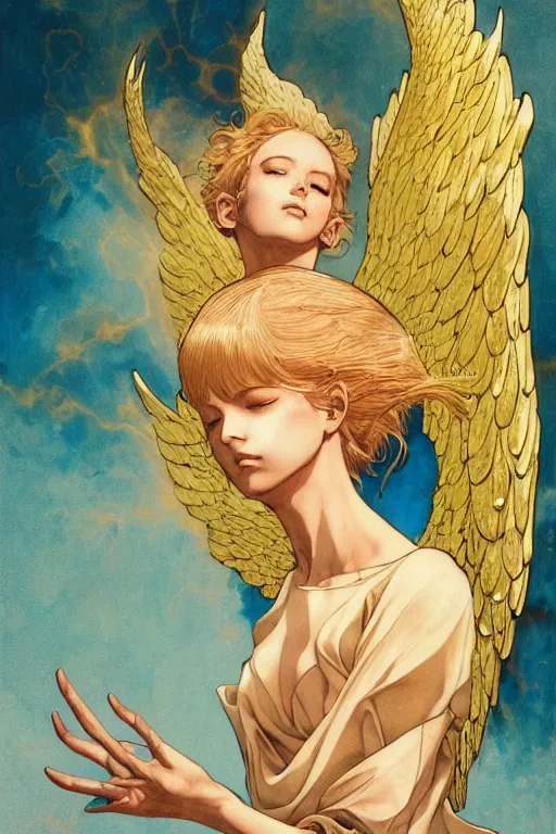 Image similar to prompt : angel women with golden wings soft light painted by james jean and katsuhiro otomo and erik jones, inspired by akira anime, smooth face feature, intricate oil painting, high detail illustration, sharp high detail, manga and anime 1 9 9 9