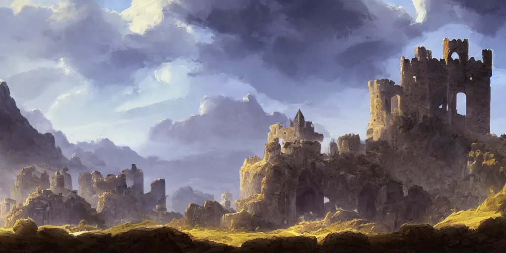 Prompt: landscape 2 d by raphael lacoste and erikas perl, castle, by g liulian, ruins, defined forms, beautiful cloudy deep blue sky, perfect composition, cliffs, no fog, detailed, flat ilustration, trending on artstation