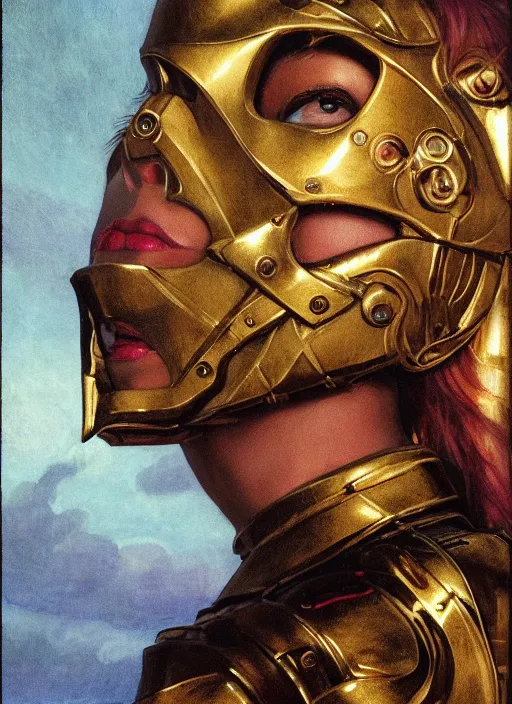 Image similar to symmetry!!! closeup portrait of a biblical diabolical wild hunter girl, fashon golden cyborg armor, in clouds, strong studio lights, thunder, rain! storm, sunset, by gerald brom, by mikhail vrubel, by peter elson, high contrast, muted colors, extreme detail, mirrors, trending on artstation, 8 k