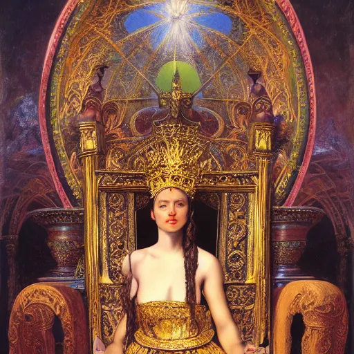 Prompt: Realistic painting of beautiful priestess woman in detailed costume, sitting on a throne in a throne roome in a palace dramatic lighting, high-detailed oil painting by Ilya Repin, William Blake, Michelangelo da Caravaggio, Alex Grey and Beksinski, masterpiece, 4k