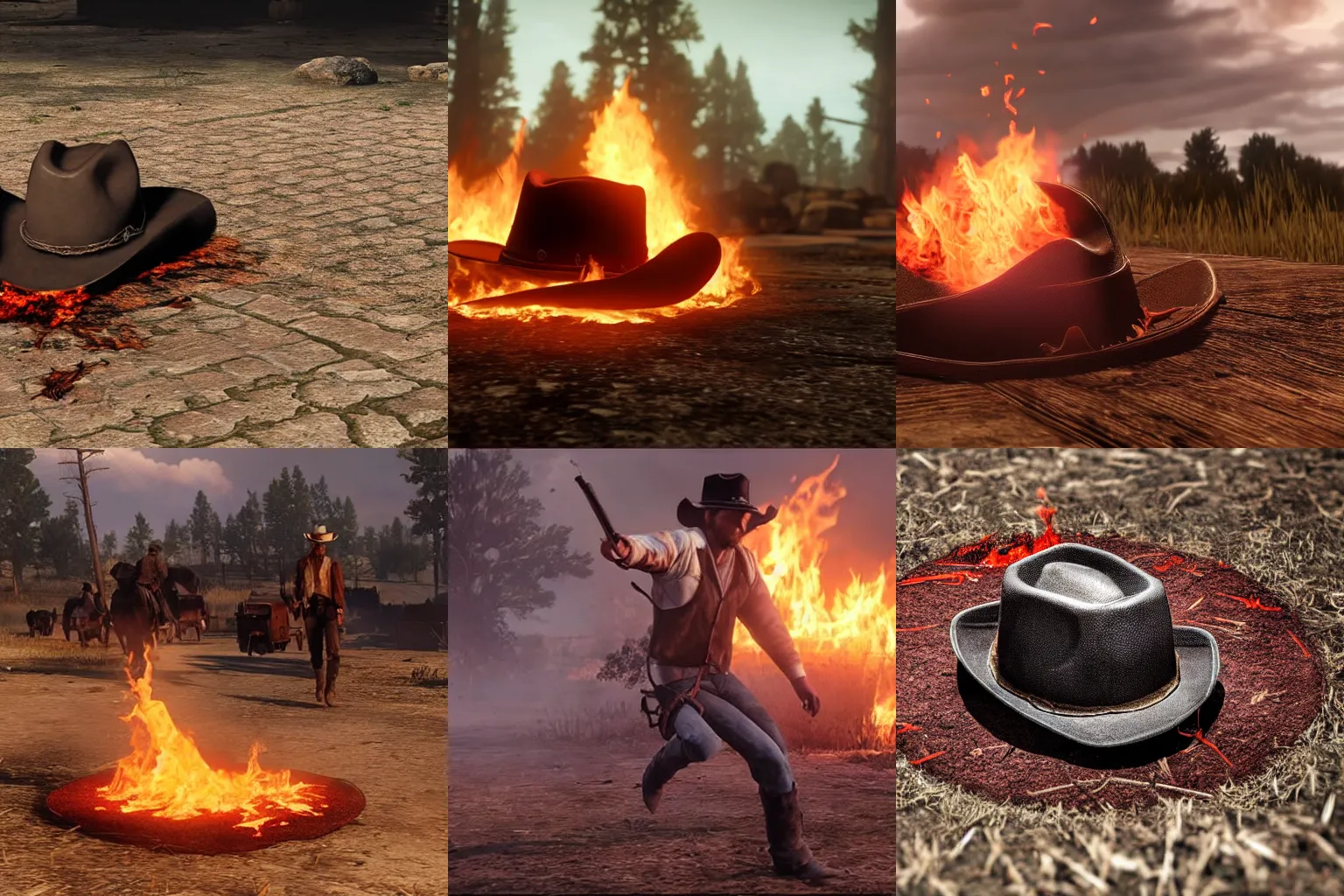 Prompt: A burning cowboy hat on the ground, in the style of Red Dead Redemption, video game graphics