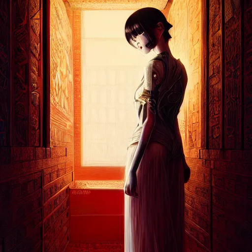 Image similar to beautiful girl in intricate clothing walking through a hallway made of blood diamonds, reflections, very high intricate details, horror, painting, digital anime art, medium shot, mid - shot, wlop, ilya kuvshinov, artgerm, krenz cushart, greg rutkowski, sana takeda