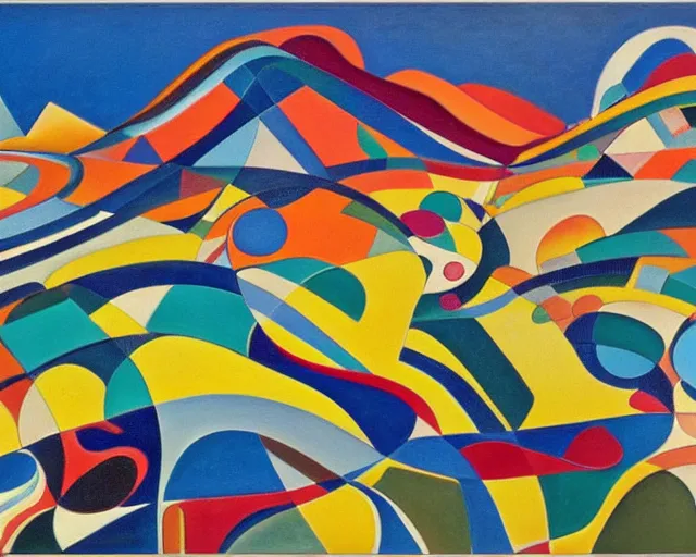 Image similar to A wild, insane, modernist landscape painting. Wild energy patterns rippling in all directions. Curves, organic, zig-zags. Saturated color. Mountains. Clouds. Rushing water. Wayne Thiebaud. Kandinsky.