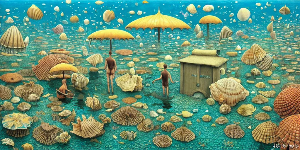 Image similar to man in the swimming suit walks down the street in the underwater city inside!! the seashell, seaweed, corals, carps, koi fish, small scandinavian!!! houses!!!, by jacek yerka by levitan, surrealistic painting, masterpiece, oil painting, sharp focus, highly detailed, intricate, smooth, 8 k,