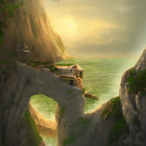 Image similar to sci fi house on a cliff above the coast, digital painting by Angrymikko, warm lighting, concept art