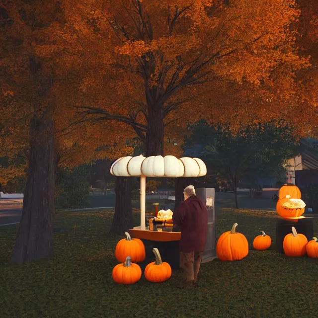 Image similar to pumpkin headed people ordering coffee at a coffee stand, maple trees with fall foliage, volumetric, realistic, cinematic lighting, ray tracing, unreal engine 5, octane render, hyper realistic, photo, 8 k