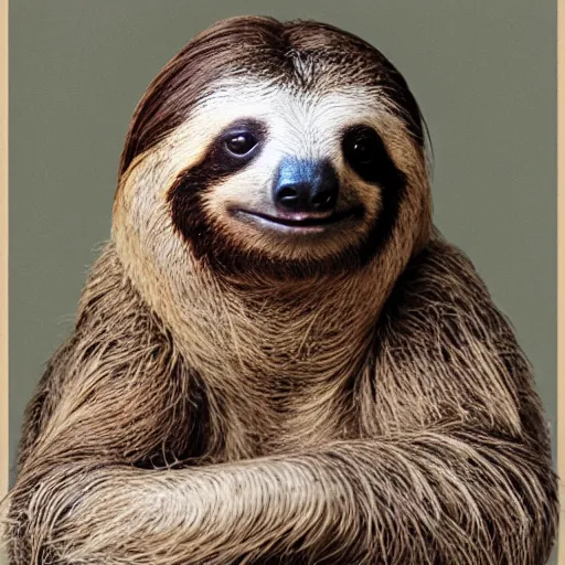 Prompt: a beautiful studio portrait of a sloth sitting in a chair