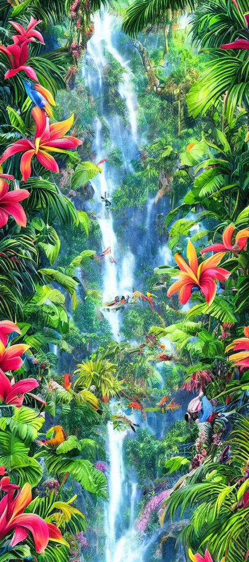 Prompt: cascading concept art of an exotic garden with waterfall pools, macaw parrots flying, flowers and palm trees, plumeria, detailed, highly detailed, aesthetic, realistic, hyper realism, colorful, in depth, intricate,