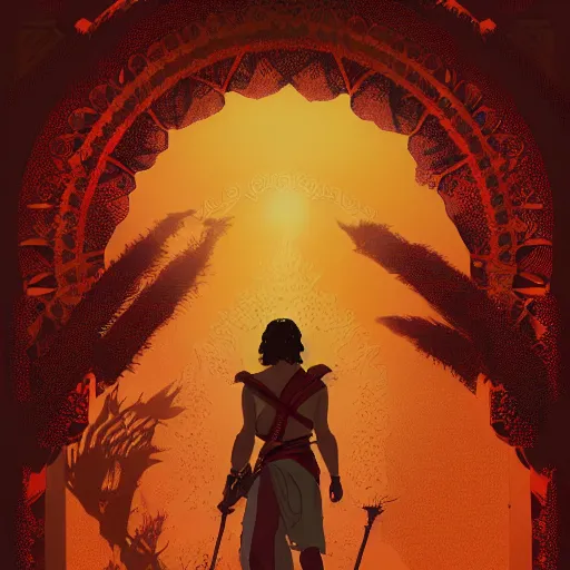 Image similar to an ultra detailed vector image of the prince of persia dressed as bob ross, concept art by alphonse mucha and greg rutkowski, bright red desert sands, bright yellow and red sun, octane render, praise the sun