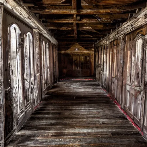 Image similar to shot of a monstruous creature inside of an old wooden church, louisiana, southern gothic,