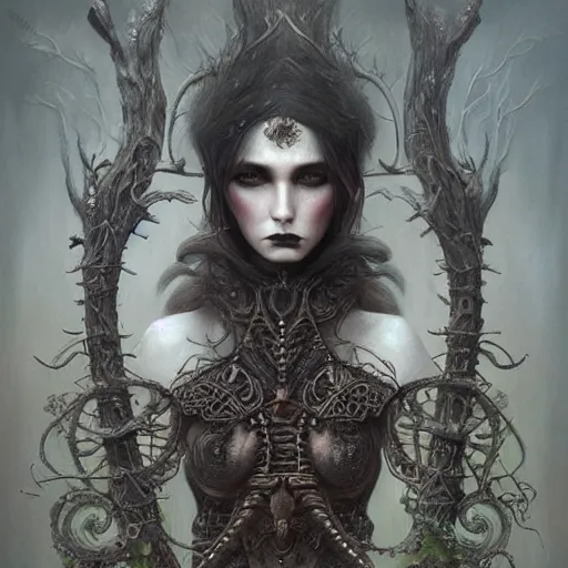 Prompt: curiosities soft paint of a single beautiful warrior in full gothic armor, stunning photorealist eyes, symmetry accurate features, eyeballs, vegetation tentacles, dense volumetric fog, focus, very intricate ultrafine details, gloomy colors, award winning masterpiece, tom bagshaw artstyle